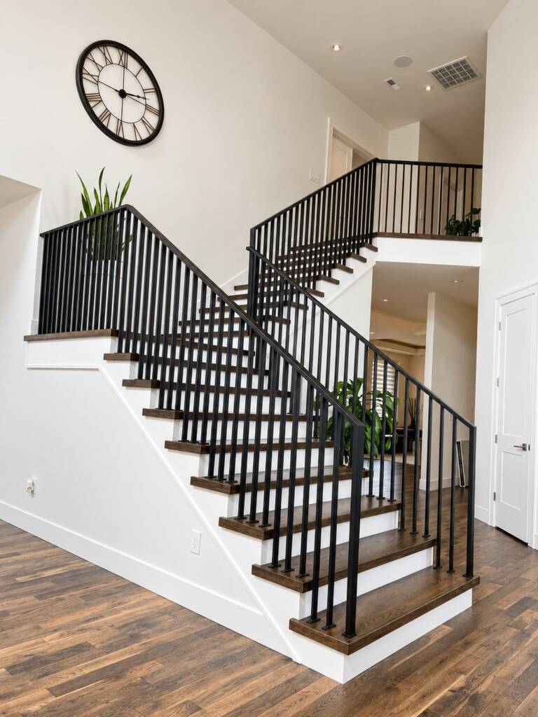 Custom black metal stair railing and upper landing railing