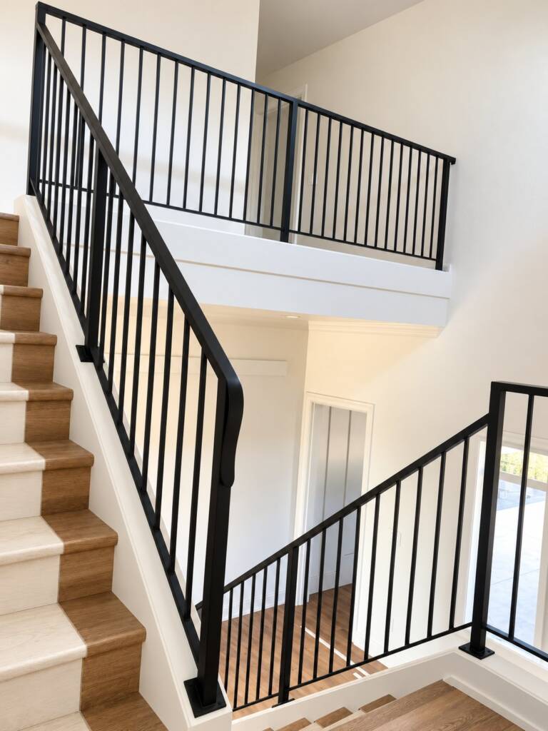 Black metal stair railing with matching balcony railing