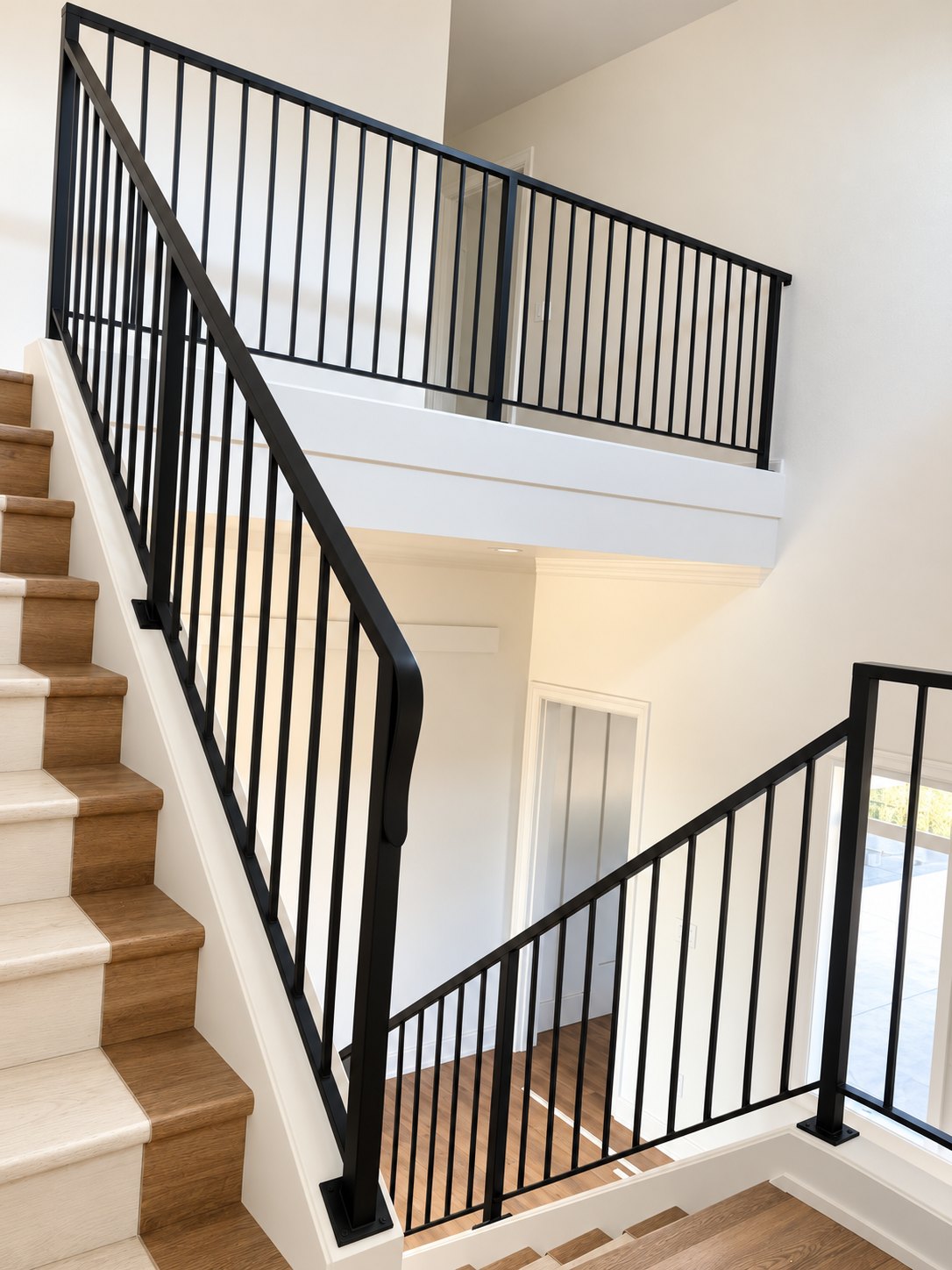Black vertical-picket metal stair railing — custom built and installed in Portland, OR