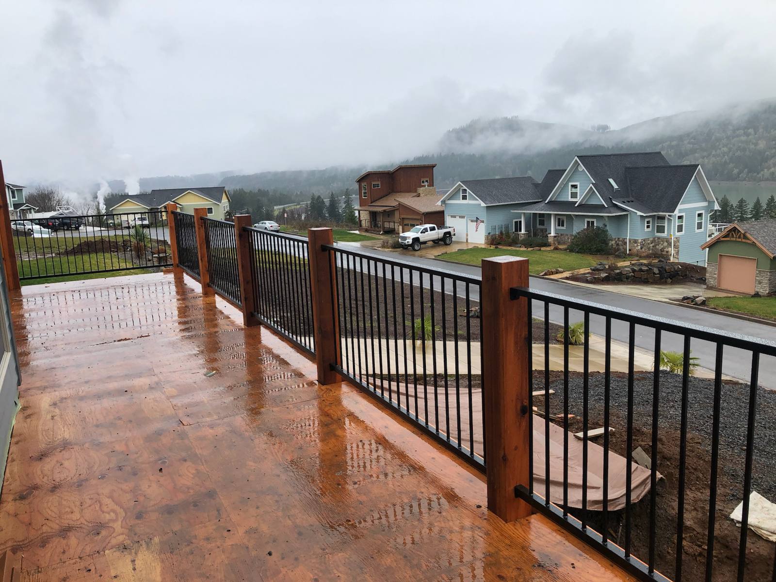 Modern metal deck railing on an elevated deck — custom metalwork, Portland