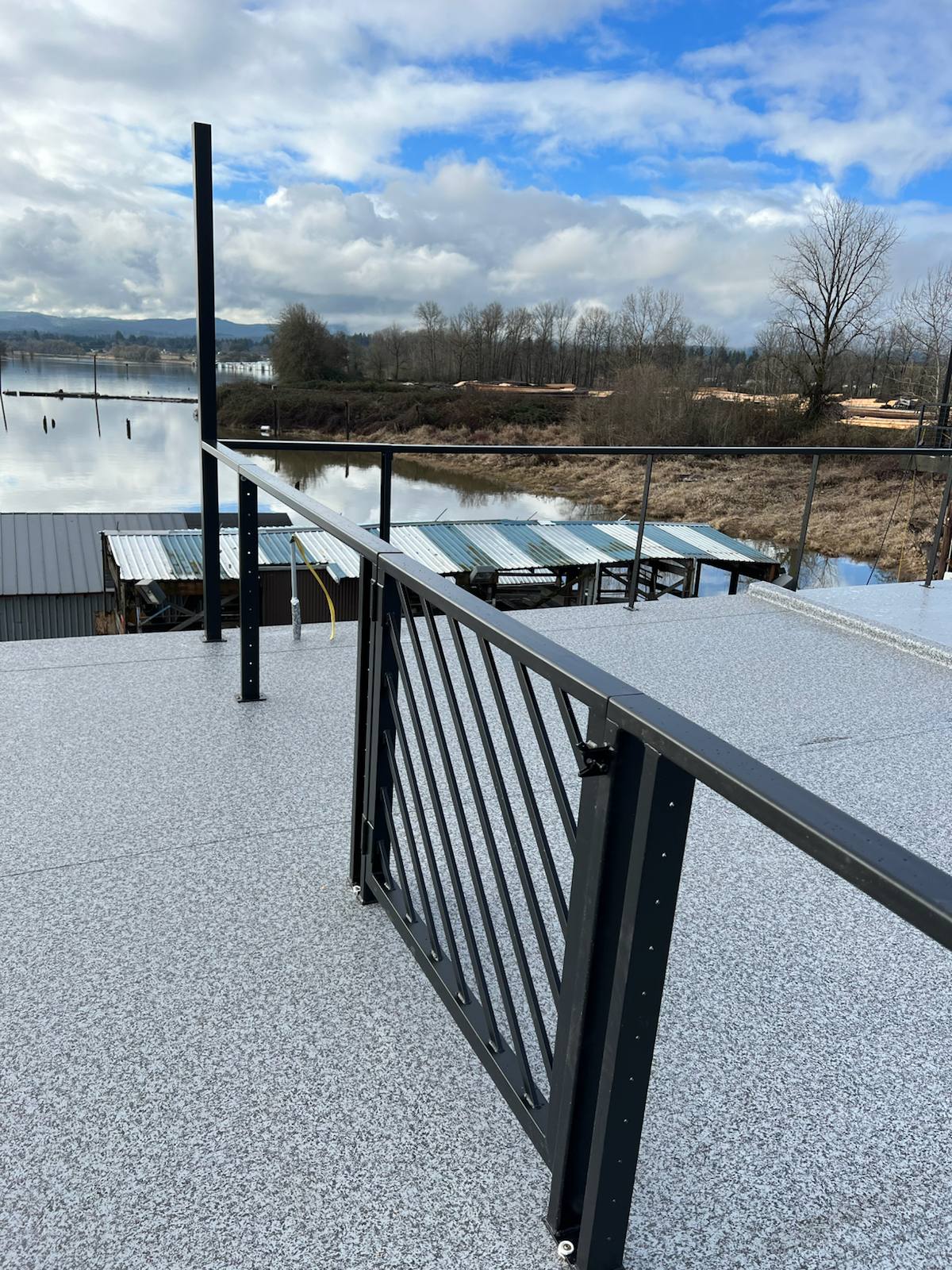 Black metal rooftop deck railing on a floating home by Cascade Mobile Welding