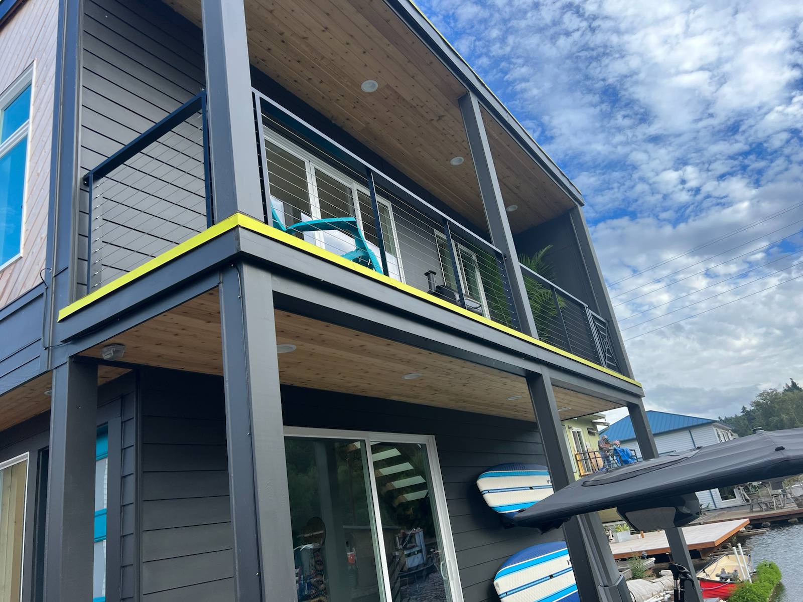 Modern metal deck railing on an elevated deck — custom metalwork, Portland