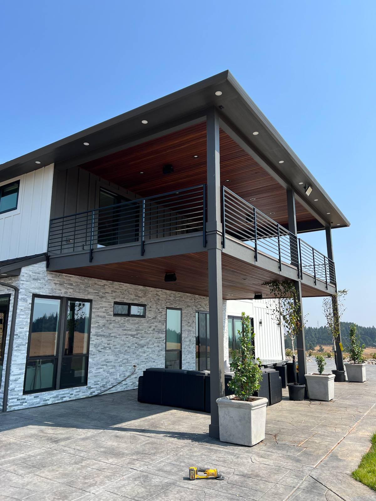 Modern metal deck railing on an elevated deck in a Portland-area home